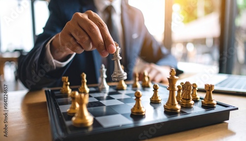 A Thoughtful Man Engaged in an Intense Chess Match Using His Hands to Illustrate Strategic Moves