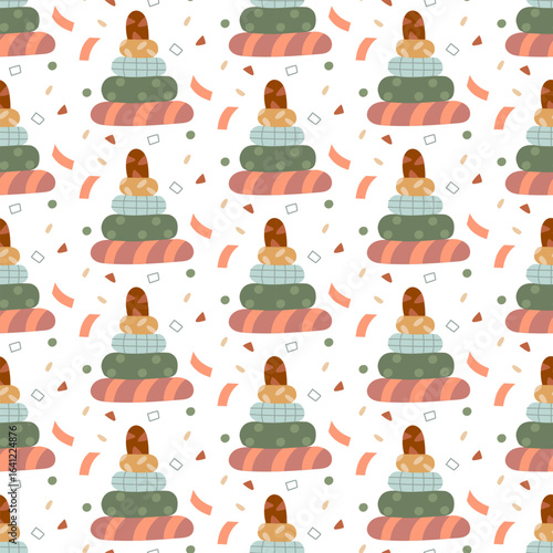 Pattern children's toy wooden pyramid with texture. Flat color seamless texture. Toy for babies, develops fine motor skills. Cute illustration of children's toys. Packaging for children.