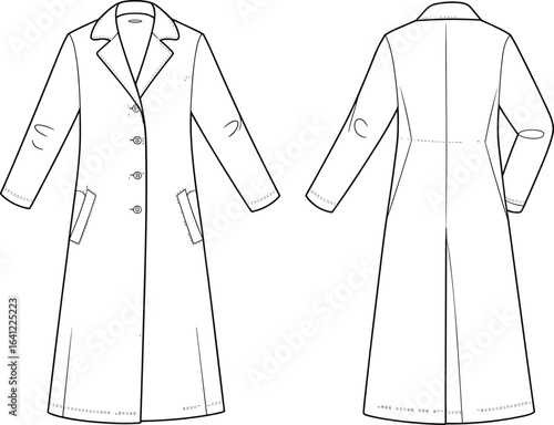Women’s long overcoat fashion flat sketch, CAD vector drawing, trench coat technical illustration, apparel design template, garment technical flat for sewing