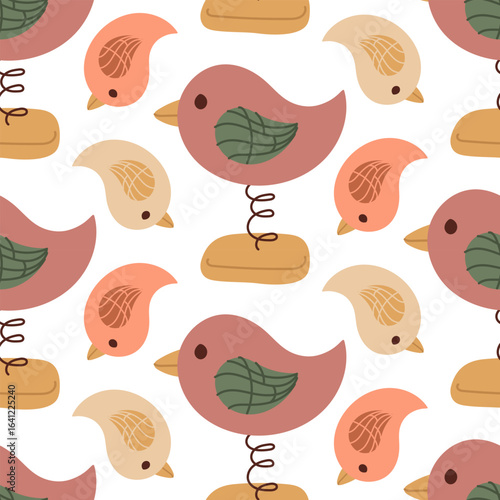 Pattern wooden bird, swinging and springing when moving. Flat color seamless texture. Toy for outdoor games. Cute illustration of children's toys. Retro colors. Children's product packaging