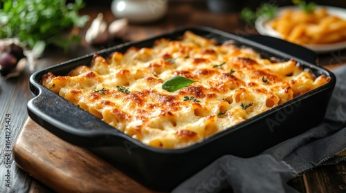 A creamy baked pasta dish with golden cheese topping, garnished with fresh herbs, served in a black casserole dish on a rustic wooden table.