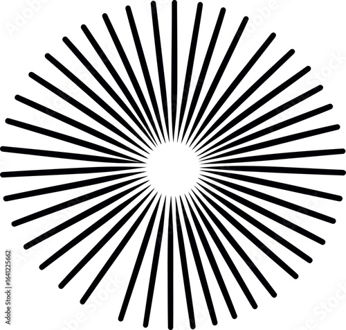 Modern flat design features an abstract symbol representing a sunburst explosion effect on a white background