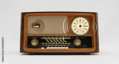 Obraz na plátně Vintage radio receiver antique wooden am fm tuner analog dial audio device broad