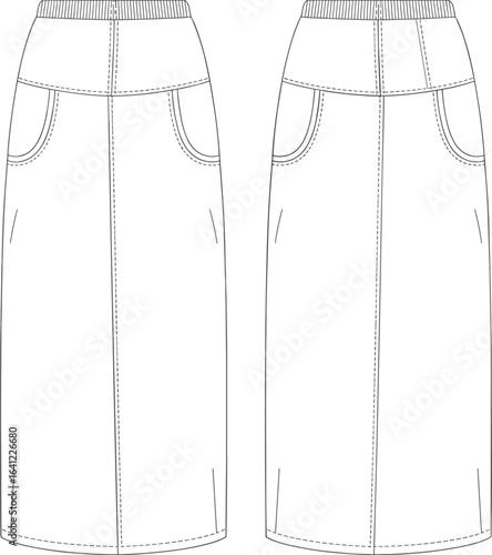 Long skirt fashion flat sketch with pockets, front and back technical drawing, clothing vector template for apparel design CAD illustration