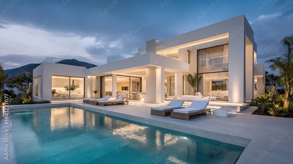 Fototapeta premium Luxury Villa Exterior with Swimming Pool at Dusk: Modern Architecture and Design
