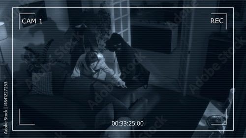 Security camera footage of two unrecognizable thieves intimidating woman with help of gun, screaming and asking about cash and jewelry