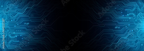 Circuit board horizontal web banner background. Blue technology AI chip and thin line wires, and computer motherboard components. Futuristic tech pattern or texture on dark blue. Vector illustration