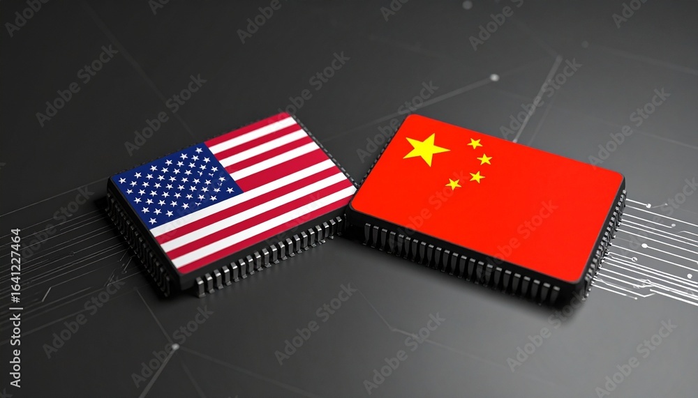 Obraz premium Microchips placed beneath American and Chinese flags, symbolizing the tech war and semiconductor rivalry between the US and China.