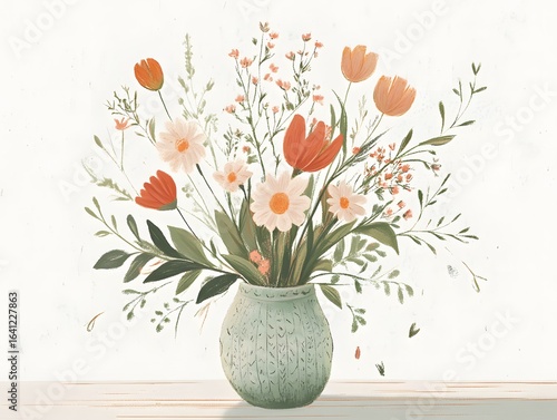 Wallpaper Mural Painted Floral Arrangement with Tulips and Daisies in a Textured Torontodigital.ca