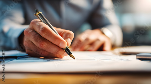 A person writing on a document with a fountain pen in a bright and professional office setting area