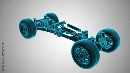 Analyzing Automotive Suspension Wireframe in Blue on Black Background