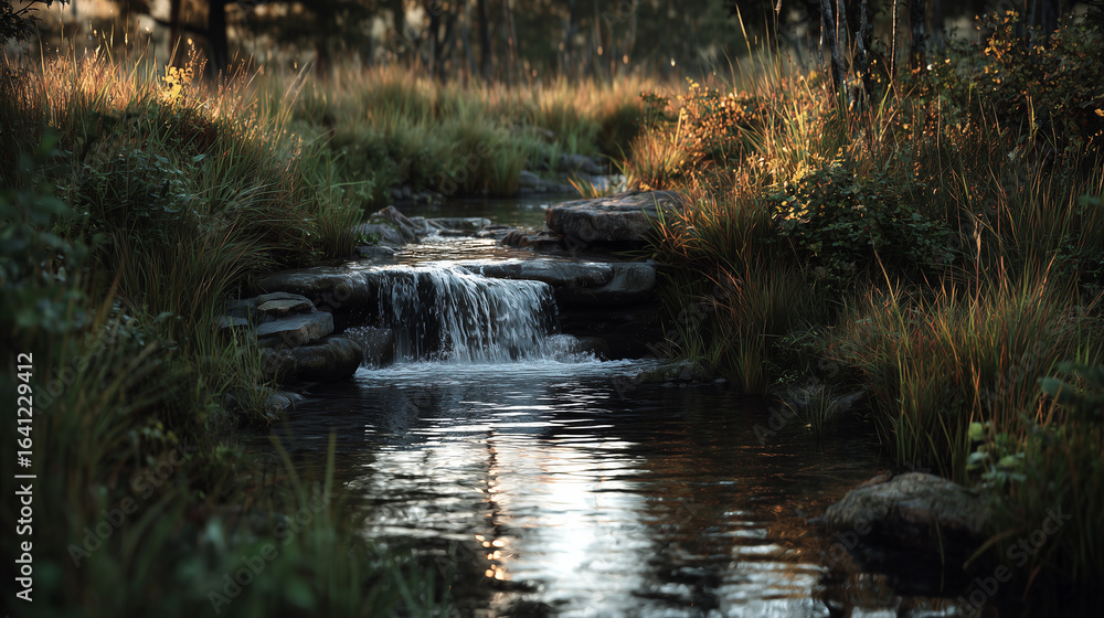 Obraz premium Mini waterfall in the forest evening.