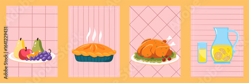 Autumn cute food poster set for thanksgiving and harvest season. Autumn food and turkey. Thanksgiving pie and turkey, lemonade and fruit for holiday design. Cartoon vector illustration