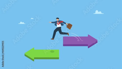 Businessman change from arrow sign to other direction. Change career, decide to go different path or direction, challenge to find new way or opportunity, progress to other choice or journey.