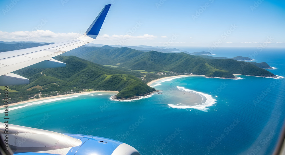 Naklejka premium An aerial view of the turquoise Mediterranean coastline from an airplane window