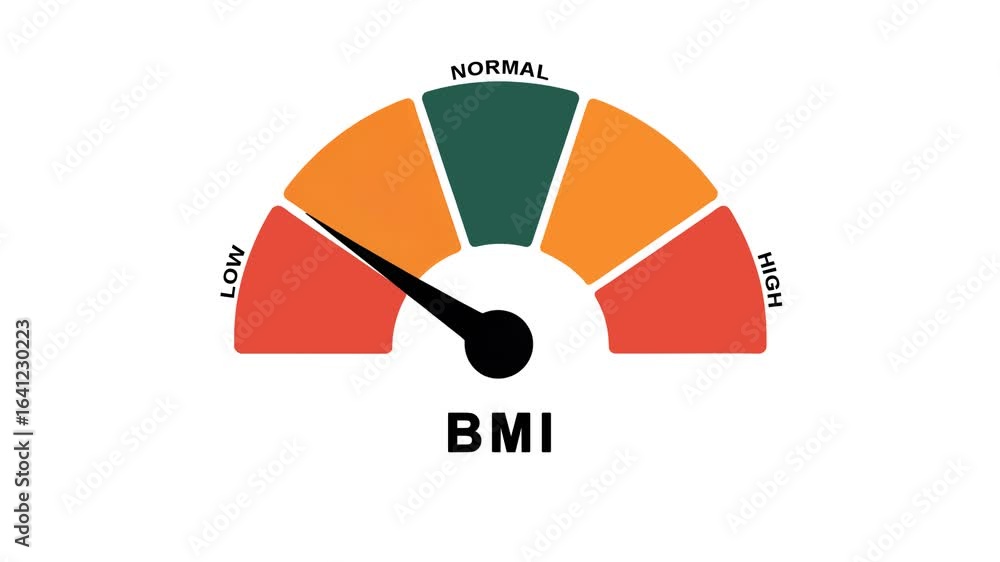 Animated BMI meter showing changes in body mass index levels for concepts related to health, fitness and weight management