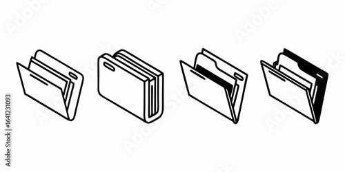 Illustration of four black and white folders in different states of being open and closed shown in line art