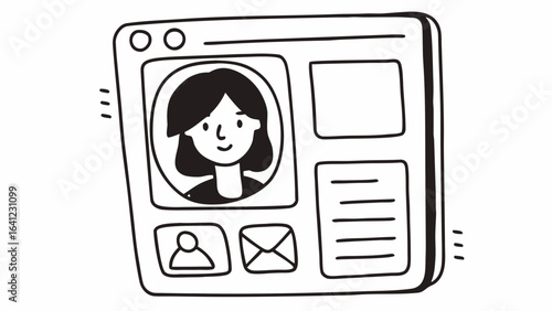 Doodle style illustration of a social media profile page with a woman's portrait and contact icons