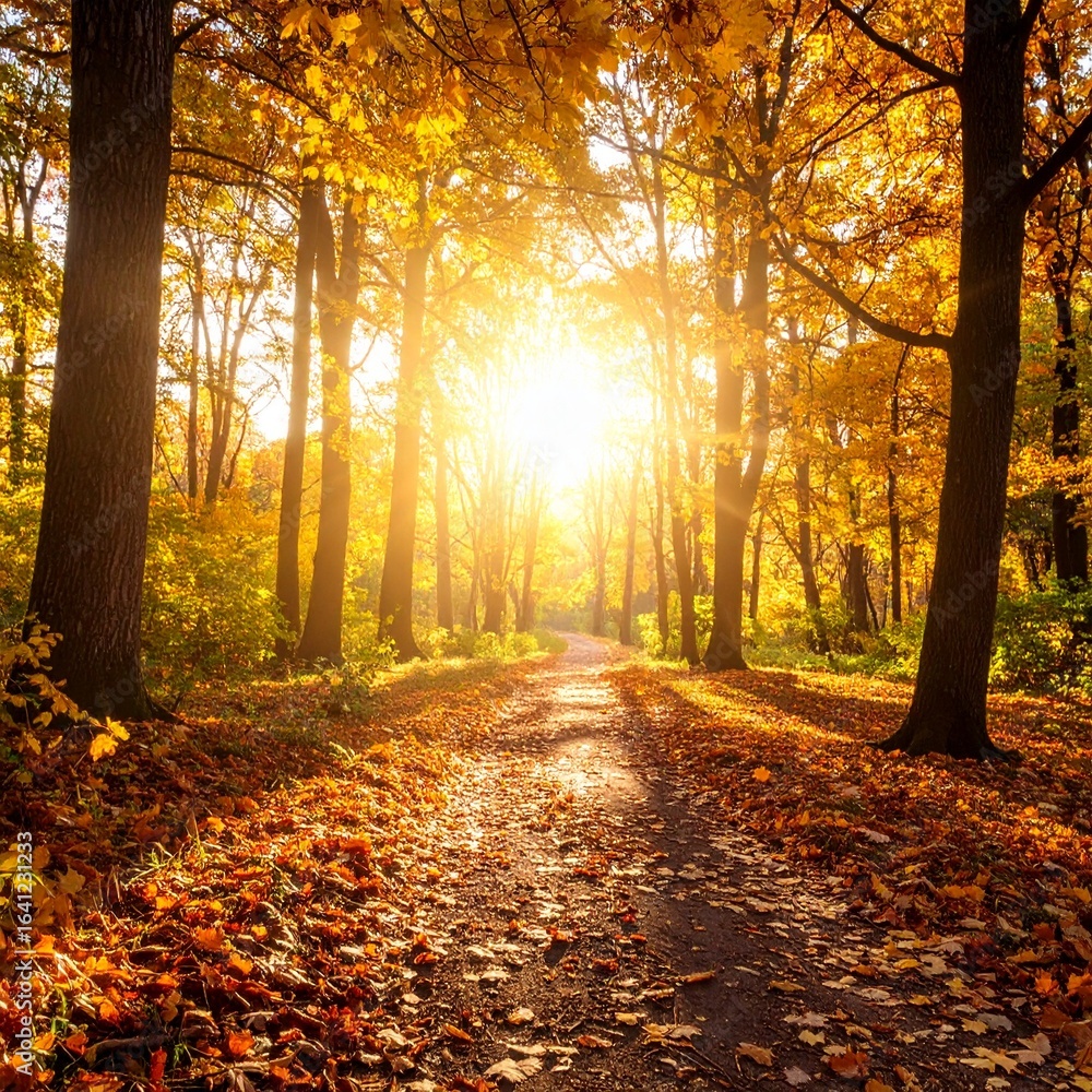 Fototapeta premium 제목: Square of Golden Path Nostalgia설명: A perfectly balanced square image of an autumn forest, showcasing the warm, golden atmosphere of a path at late afternoon.