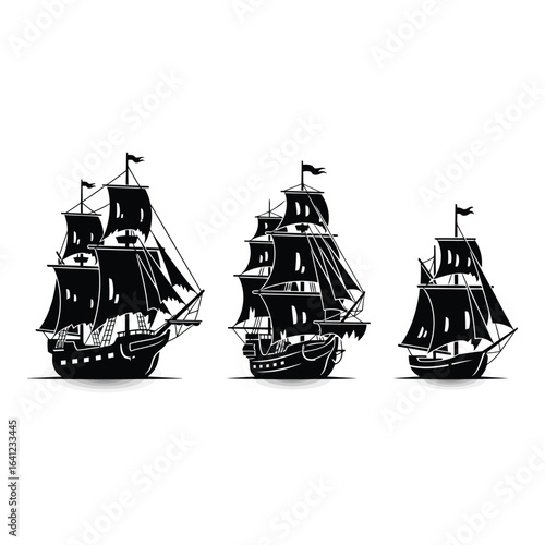 Vector art of three pirate ships isolated on white background