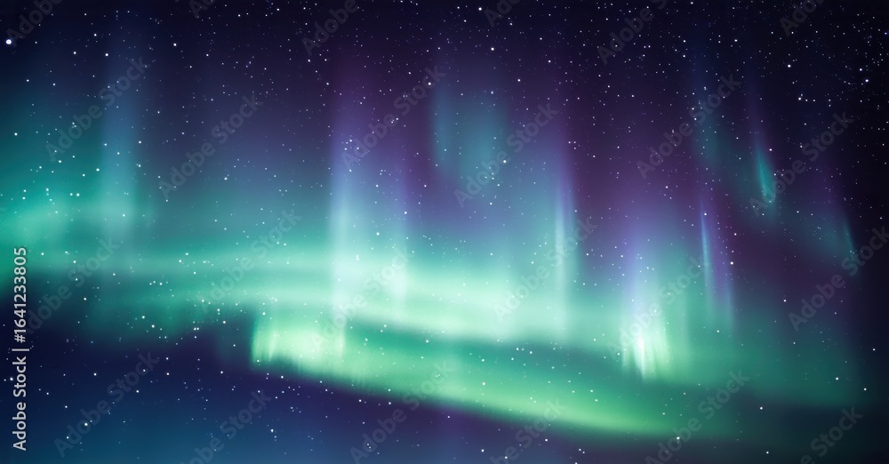 Obraz premium Vibrant aurora borealis display. Green, purple hues illuminate night sky. Stars visible, creating stunning celestial scene.