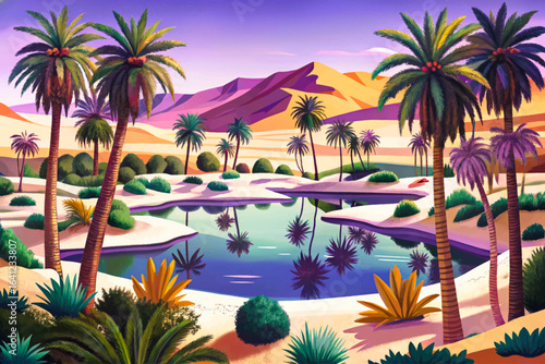 Desert oasis landscape with date palm trees, water pond, sand dunes, and bright sunlight wallpaper cartoon vector