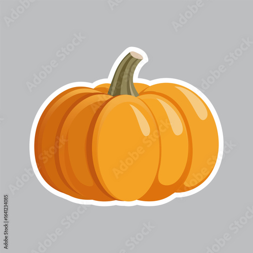 Cartoon-style pumpkin sticker. Hand-drawn vector illustration of an orange pumpkin with bold outline, on grey background. For autumn decor, Halloween, Thanksgiving, scrapbooking.