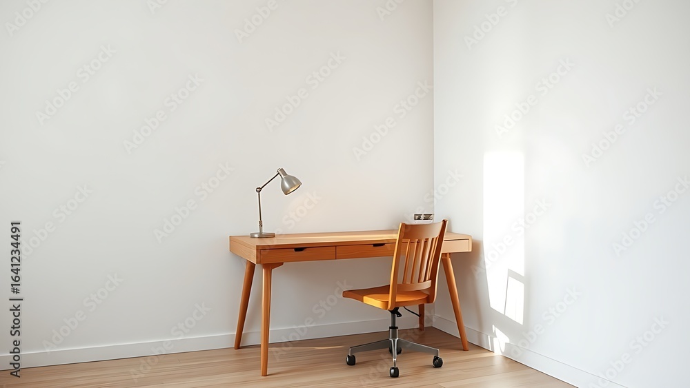 Fototapeta premium A clean and simple office corner featuring a wooden desk and chair under soft natural light.