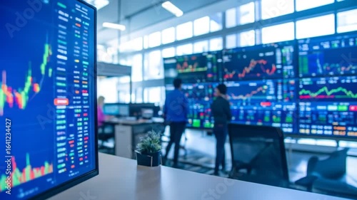 Wallpaper Mural Inside a Modern Stock Trading Room with Multiple Displays Showing Financial Data and Analysis Torontodigital.ca