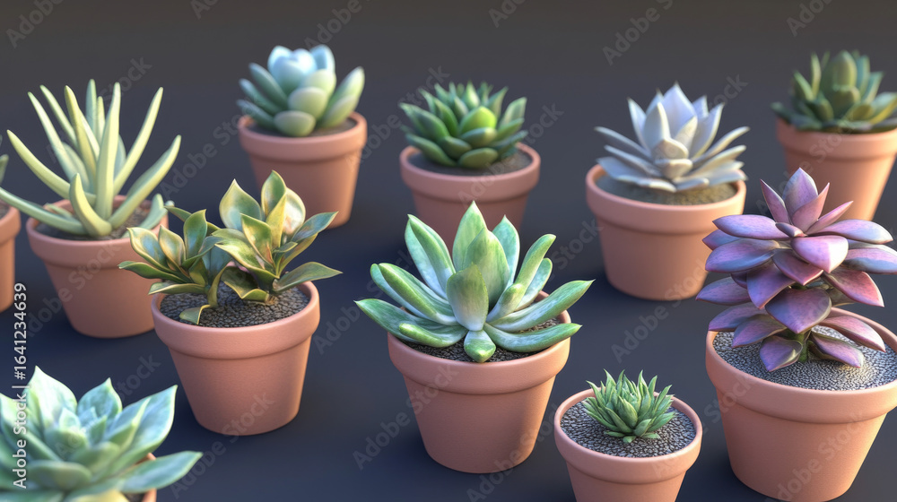 Obraz premium Variety of vibrant potted succulents displayed against a dark background. Brings natural beauty and greenery to any home.