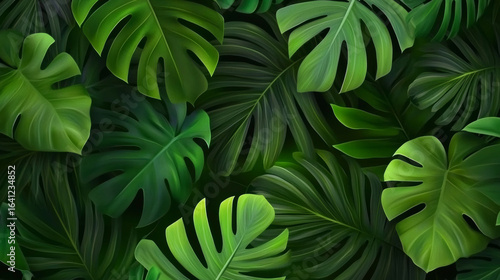 Wallpaper Mural Lush tropical foliage creates a vibrant, natural background. Green monstera leaves fill the frame with organic beauty. Torontodigital.ca