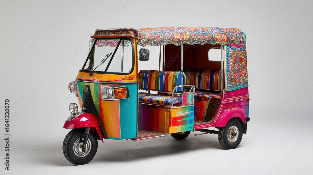 Fototapeta premium Vibrant Three-Wheeler: A Colorful Transportation Icon with a Decorative, Open-Air Design Against a White Background