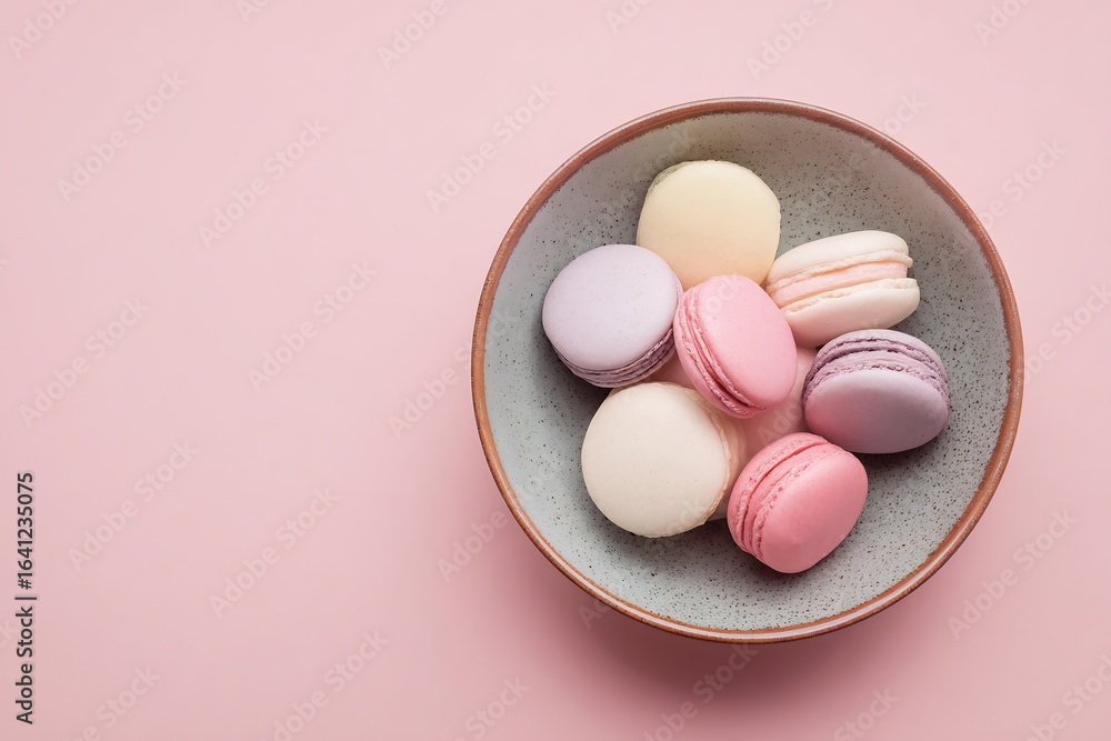 Pastel macarons in a bowl top view delicious french macarons dessert sweet treats bakery confectionery shop Pastel macarons in a bowl top view delicious french macarons dessert sweet treats bakery confectionery shop