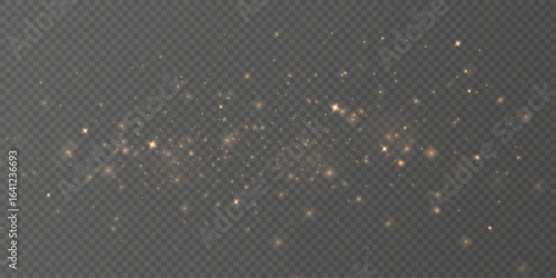 Golden Sparkles and Shining Dust . Christmas Light Effect with Glowing Stars, Magical Spark Particles, Glitter Confetti Overlay on Transparent Background for Festive Vector Design