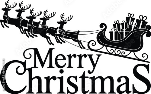 Merry Christmas Santa's sleigh with reindeer and gifts