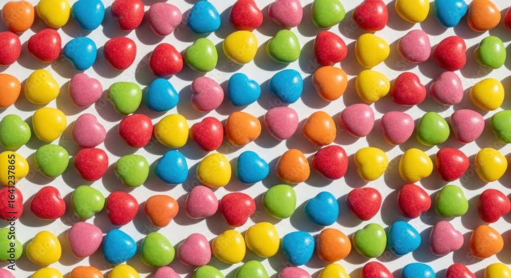 Obraz premium Colorful heart-shaped candies arranged on a white background