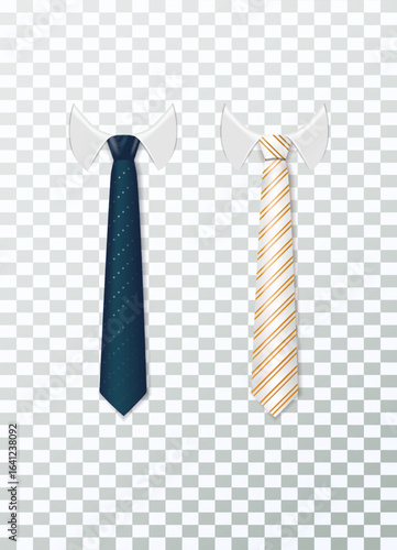 3d Realistic Neck tie with white collar. Tie neck vector with different stripe pattern. Vector