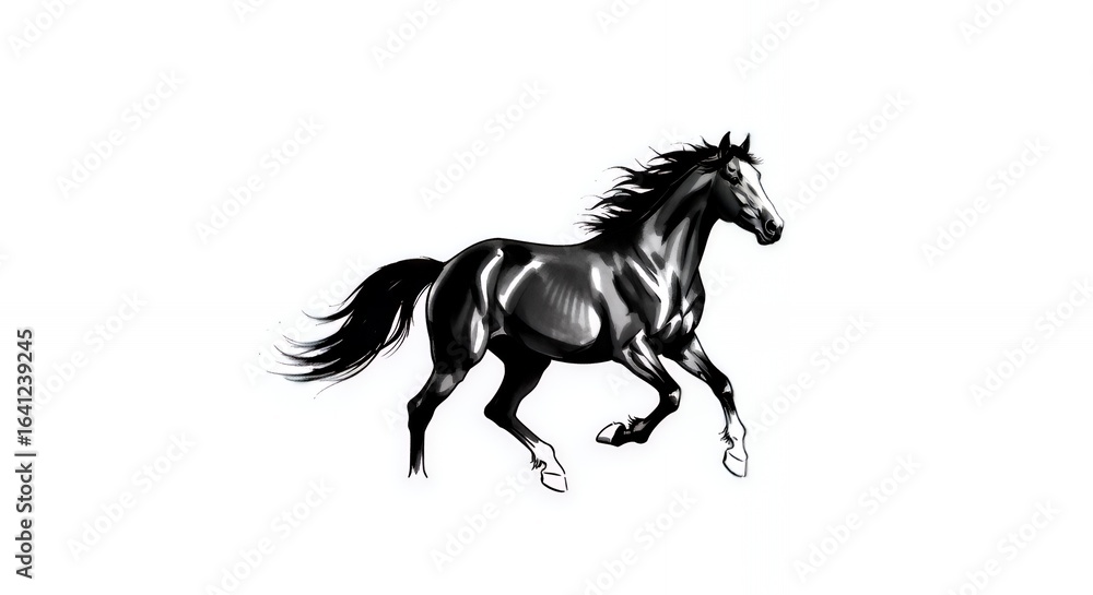 Fototapeta premium Black Horse Running on White Background in Dynamic Motion Style