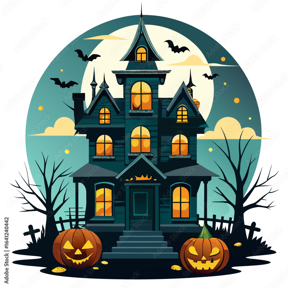 Fototapeta premium Scary Halloween Vector Set – Pumpkins, Ghosts, Bats, Full Moon, Cobwebs, Spiders, cats