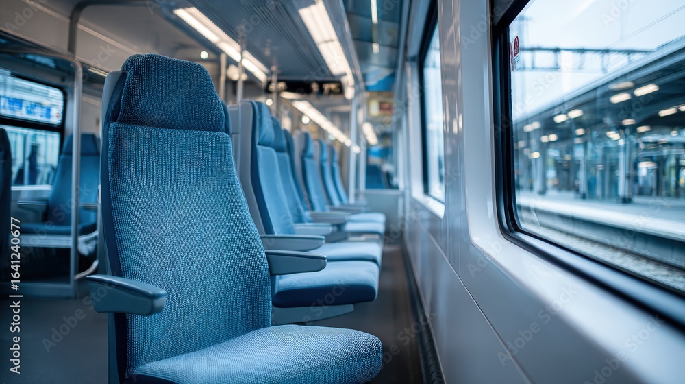 Naklejka premium Interior View of Modern Passenger Train with Empty Blue Seats and Window View of the Station