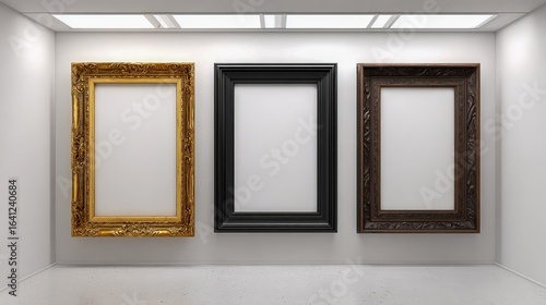 Three Empty Picture Frames on White Wall in Art Gallery Ready for Artwork