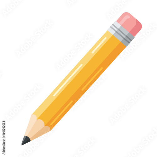 Vector illustration of yellow wooden pencil with a pink eraser and graphite tip, isolated on a white background, symbolizing creativity, education, and writing