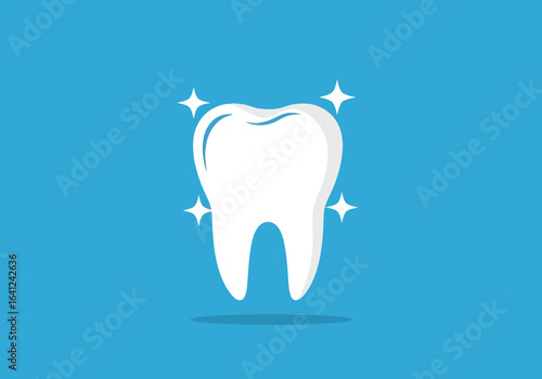 Vector illustration of healthy white tooth sparkling with cleanliness and freshness, representing dental care and oral hygiene on a blue background