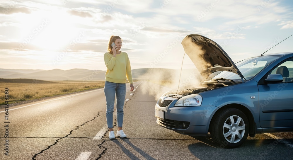 Caucasian female adult calling for help with overheated car engine on rural road Caucasian female adult calling for help with overheated car engine on rural road