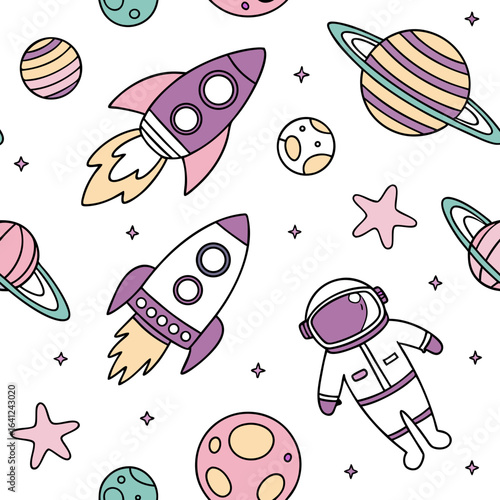 Seamless Pastel Space Pattern with Rockets Astronaut Planets Stars