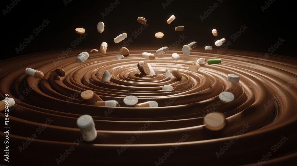 Obraz premium Swirling vortex of coffee and capsules, illustrating chemical imbalance and tension.