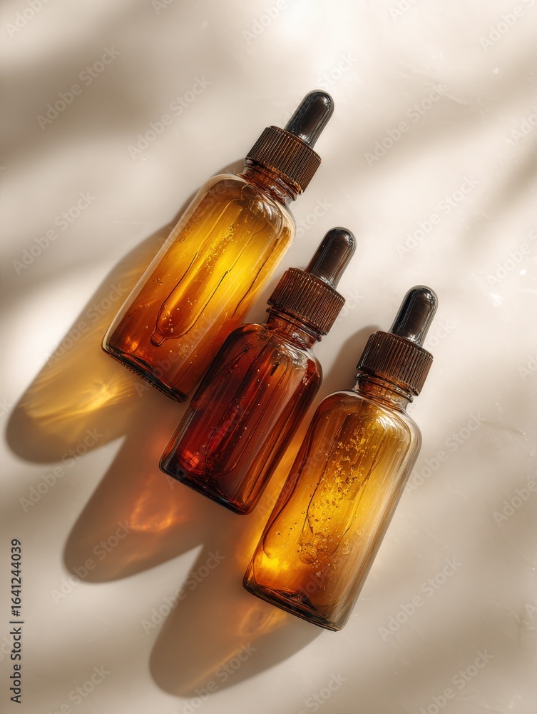 Naklejka premium Elegant Skincare Product Mockup: Trio of Amber Dropper Bottles on White Background