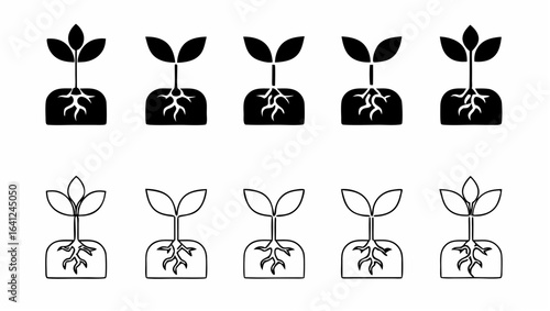 Illustration of ten seedlings in pots arranged in two rows with varying leaf and root styles present |  editable eps vectors silhouette