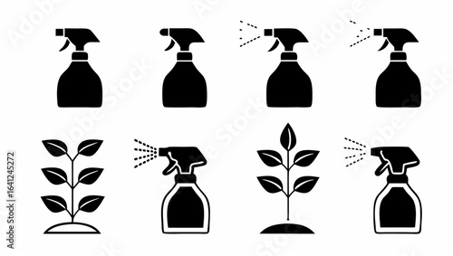 Collection of spray bottles and plants in black and white vector illustration format design element |  editable eps vectors silhouette
