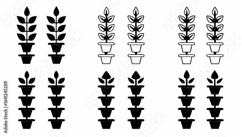 Illustration showcasing various potted plants in black and white with different arrangements and heights |  editable eps vectors silhouette